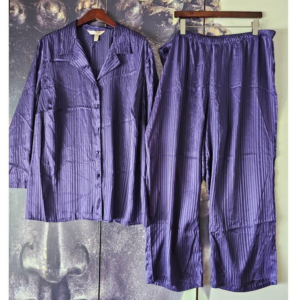 Cacique Purple Striped Satin‎ Pajama Set Plus Size 22/24 Button Long Sleeve